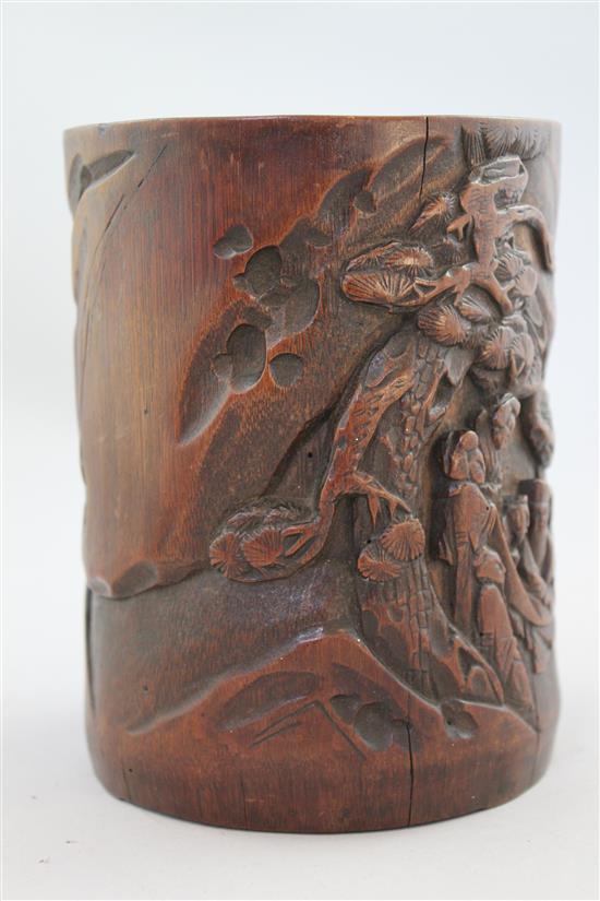 A Chinese bamboo brush pot, 17th / 18th century, 13.5cm, slight old worm damage